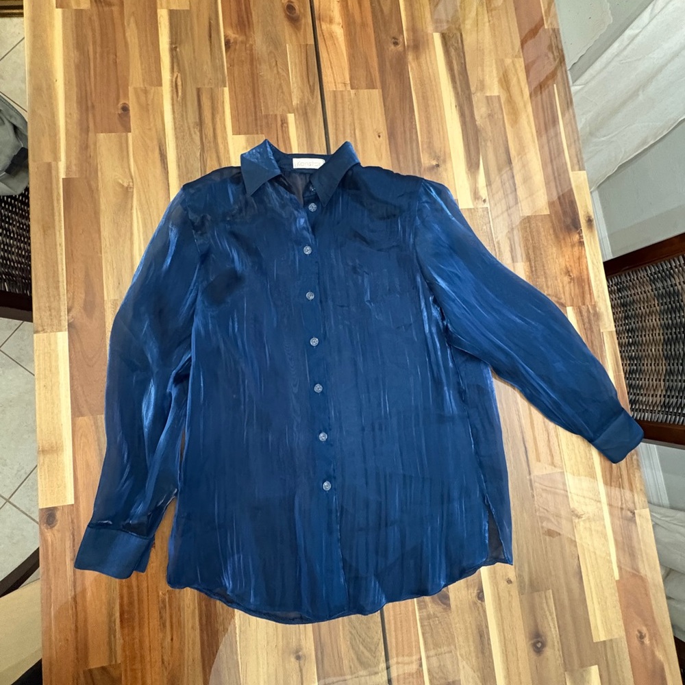 Konstas Sz 1 Silky Sheer Navy Button-Up Blouse w Shoulder pads